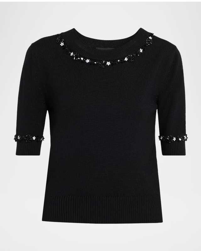 Sequin Flower Short-Sleeve Knit Sweater